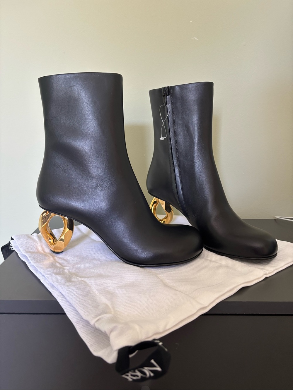 W Anderson Black Leather Gold Chain Heel Ankle Boots Size 37